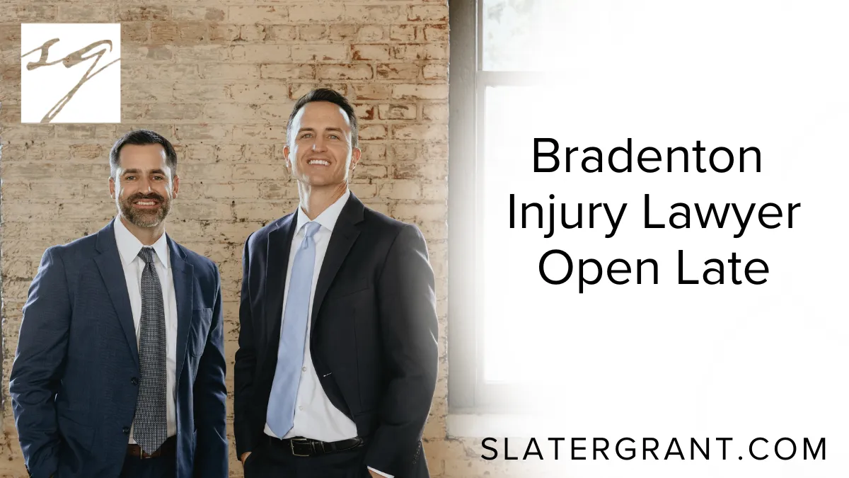 When life takes an unexpected turn and you’re facing the aftermath of a serious accident or injury, you need a legal team that doesn’t keep banker’s hours. At Slater | Grant, we know that accidents don’t follow a 9-to-5 schedule—that’s why we’re the Bradenton injury lawyer open late to help you when you need it most. Our firm is proud to provide accessible, after-hours legal support for injury victims across Bradenton and surrounding areas.