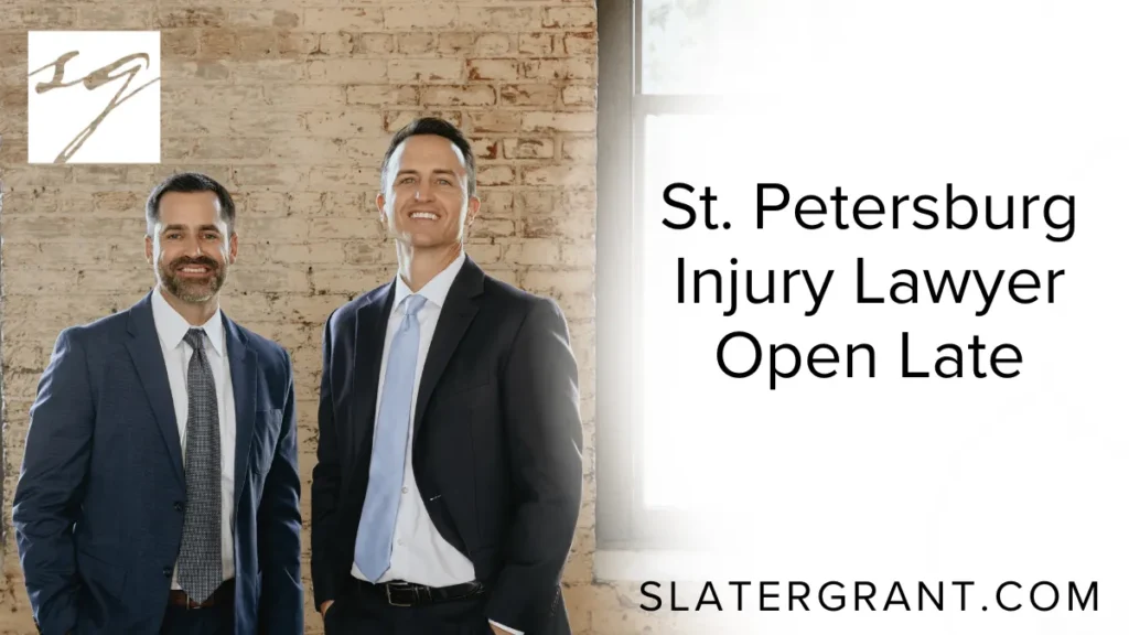 When accidents happen, timely access to a trusted St. Petersburg injury lawyer open late can be crucial to securing your rights and maximizing your compensation. At Slater | Grant, we understand that injuries and legal challenges don’t always occur during regular business hours. That is why we offer flexible, extended hours to serve the people of St. Petersburg and surrounding areas, ensuring you have access to top-tier legal representation when you need it most.