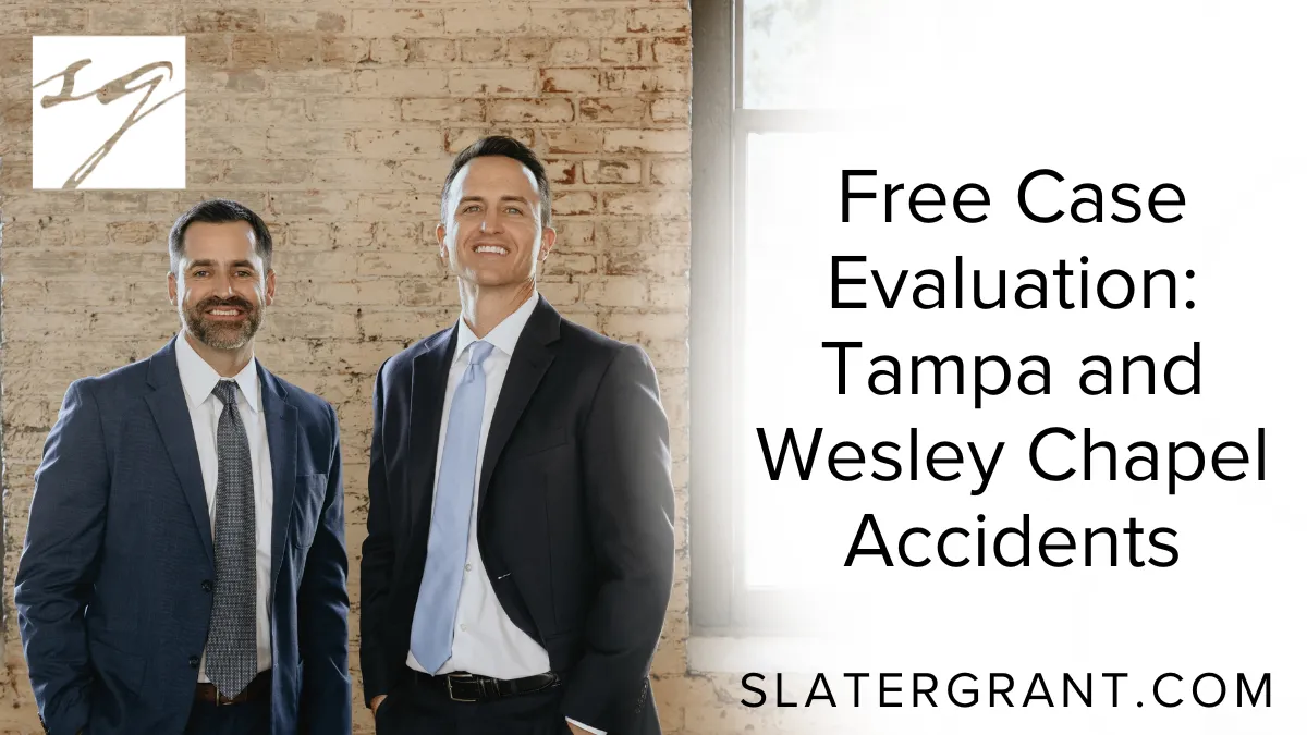 If you’ve been injured in a car accident, truck collision, motorcycle crash, or any other type of vehicle-related incident in Tampa or Wesley Chapel, you deserve trusted legal support—without upfront fees. At Slater | Grant, we proudly offer a free accident case evaluation Tampa victims can rely on to understand their legal rights, explore compensation options, and begin the path to justice.